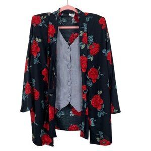 Vintage Touché LA Dark Floral Blouse with Built-in Vest Size 22